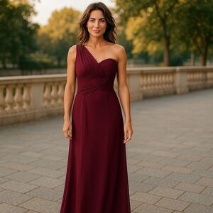 JOVANI BASKETWEAVE ONE SHOULDER WINE RED RUCHED DRAPED FORMAL EVENING GOWN